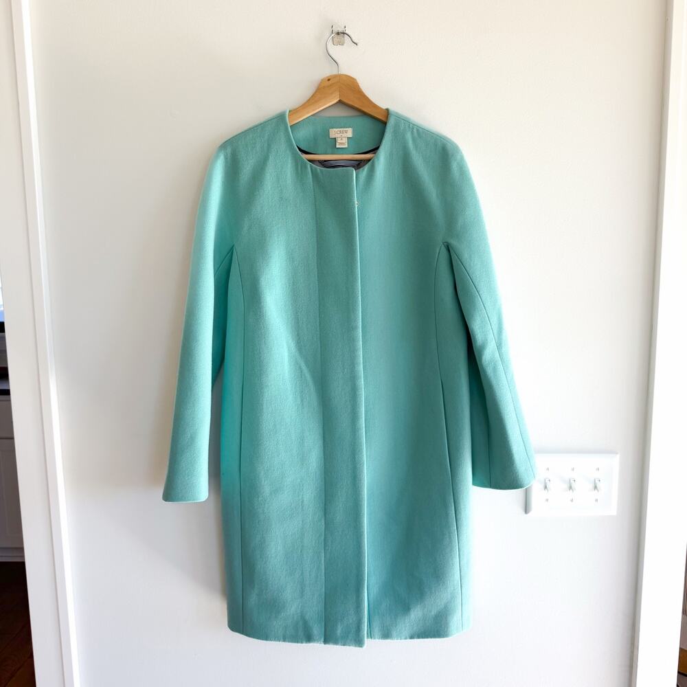 J. Crew Wool Blend Zip Up Mid Length Trench Coat Turquoise 6